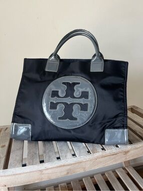 Tory Burch Ella Tote Black Nylon Patent Logo Large Carryall